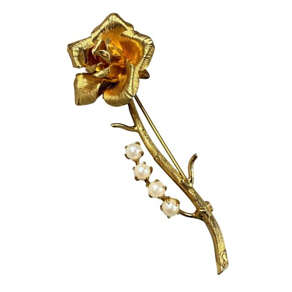 Vintage Gold-Tone Rose Brooch Faux Pearl Accents Floral Design Pin Women Elegant - Picture 1 of 16